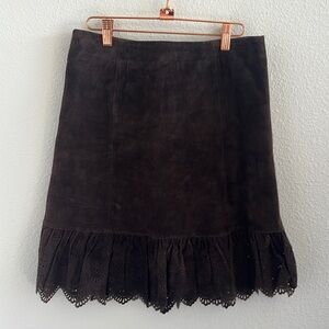 Anthropologie Elevenses 100% Leather Brown Lazer Cut Ruffle Hem Skirt 0